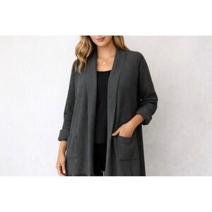 Magaschoni‎ Fringe Cardigan Womens 1X Charcoal Open Knit Boho Quiet Luxury